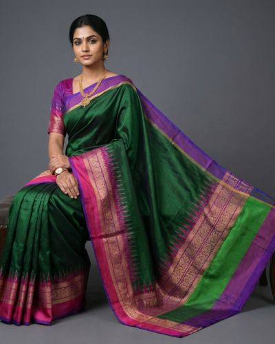 Home green & red ikat pattu silk saree with rich golden zari border | handloom pure silk saree