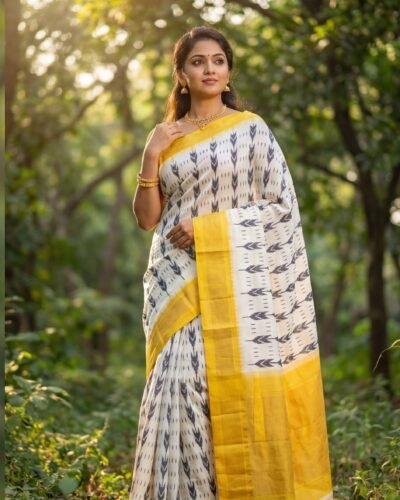 Home pochampally ikat silk cream saree with yellow contrast border and ikat design blouse