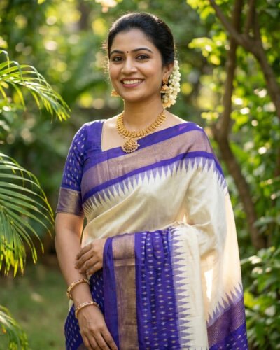 Home Cream pochampally ikat silk saree with royal purple border and traditional woven design