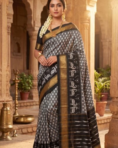Home grey ikat handloom saree with black deer motif border & gold zari