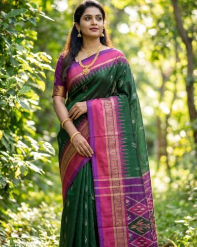Home Pochampally Ikat Green Silk Saree with Pink Contrast Border and Golden Zari Design