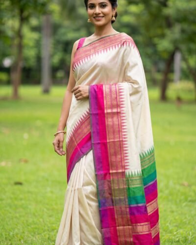 Home pochampally ikat silk saree ganga jamuna tissue border in pink and green
